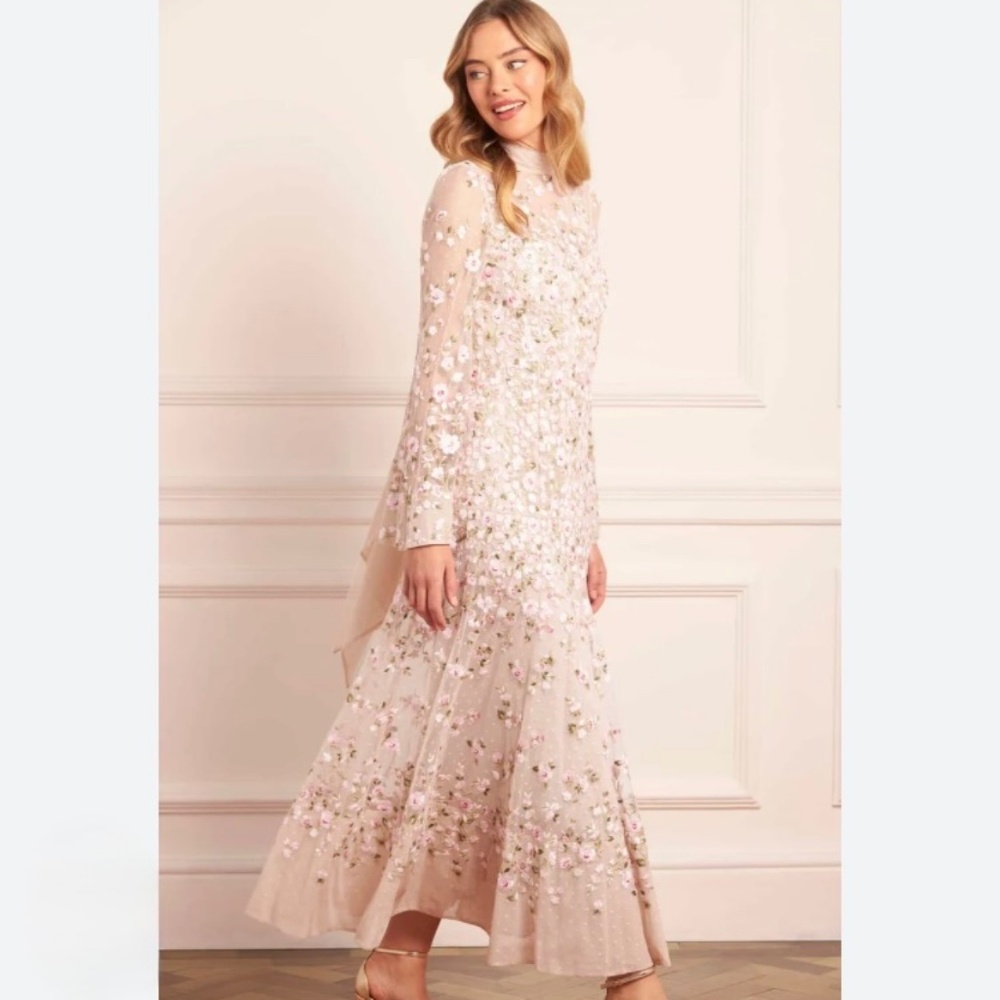 Needle & Thread Size 4 Sylvia Rose Long Sleeve Ankle Maxi Gown in Champagne